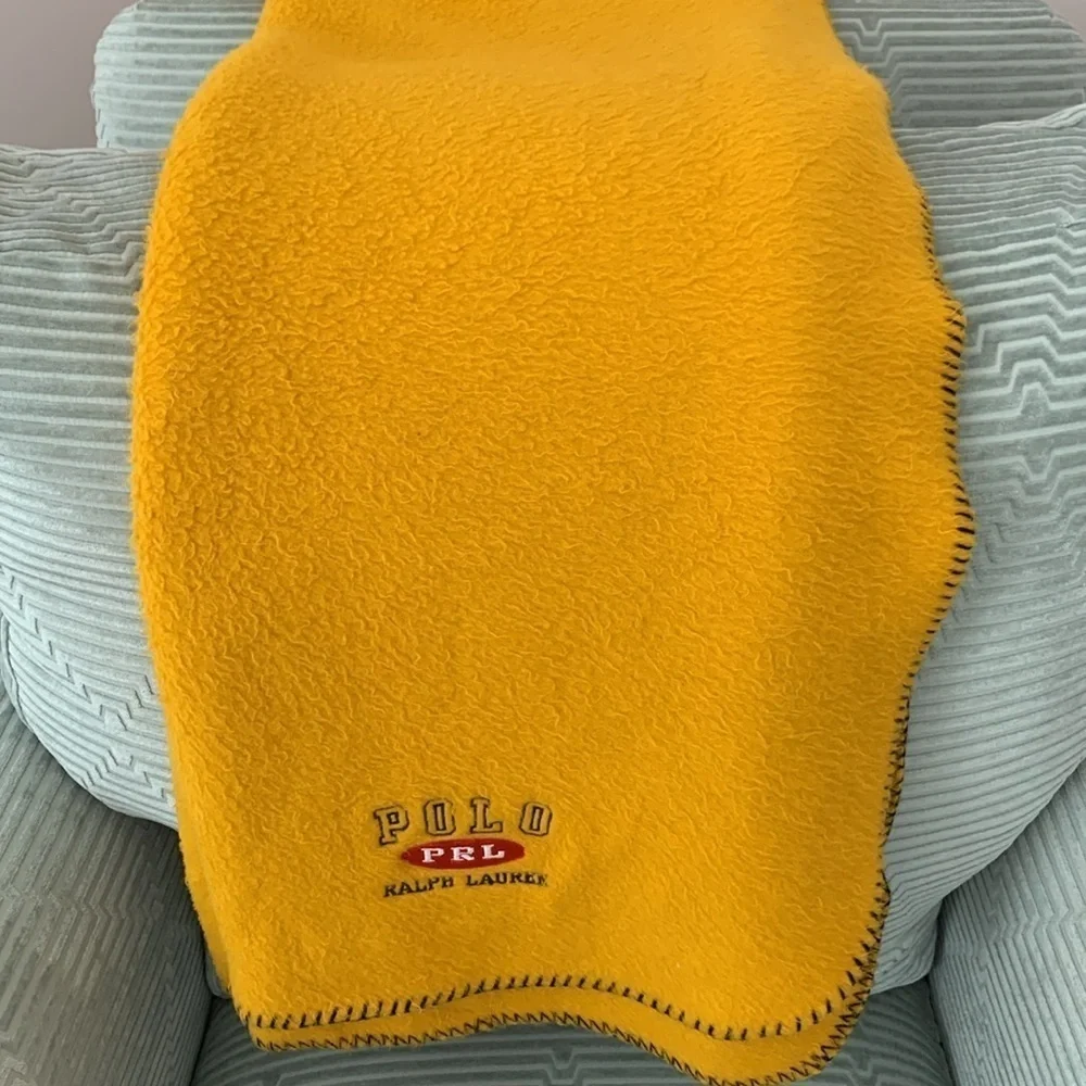 Vintage Ralph Lauren Gold Fleece Decorative Blanket w/ RL Logo. 70X50